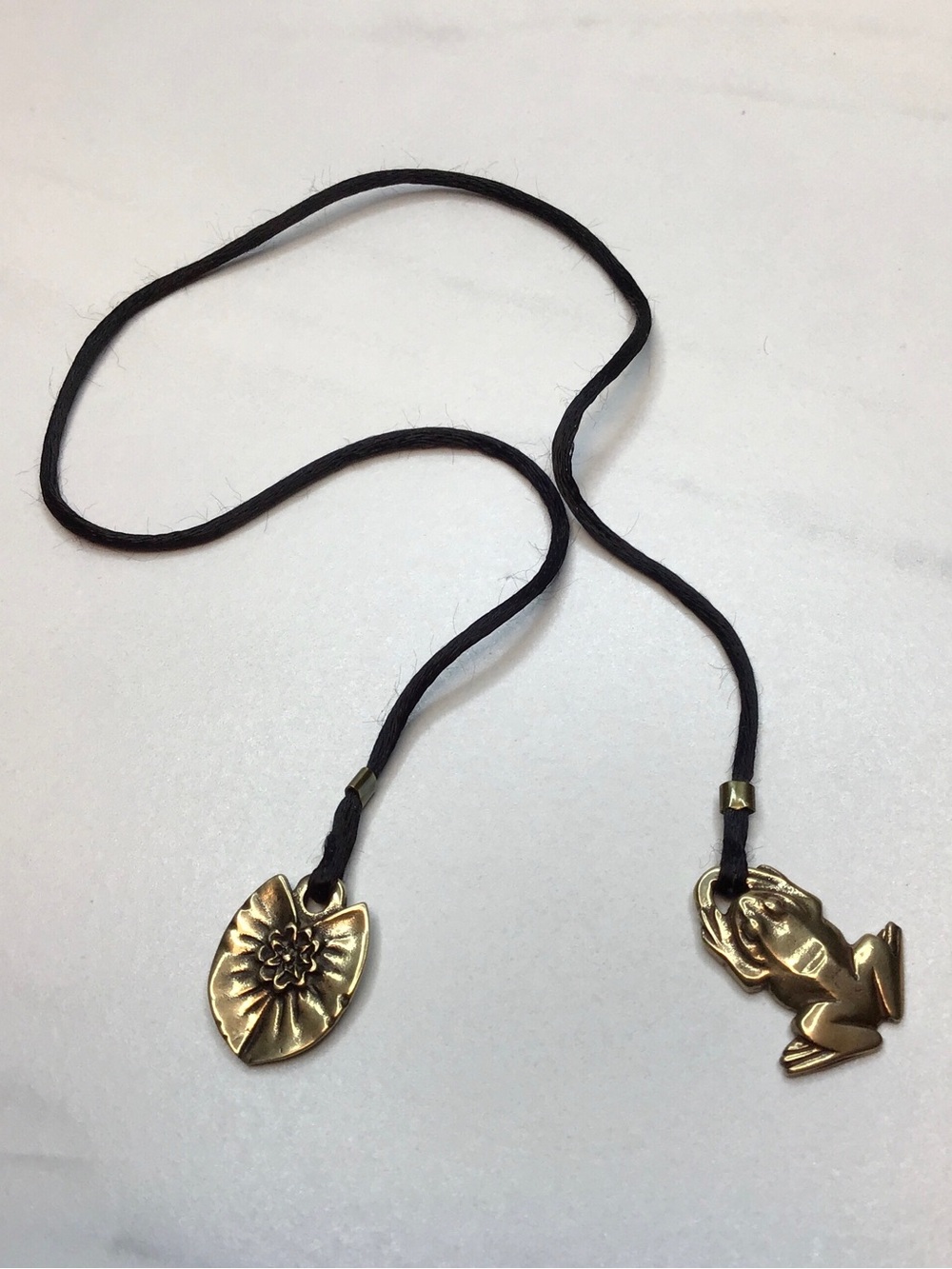 Cord Bookmark Brass Frog & Lily Pad Charms Signed